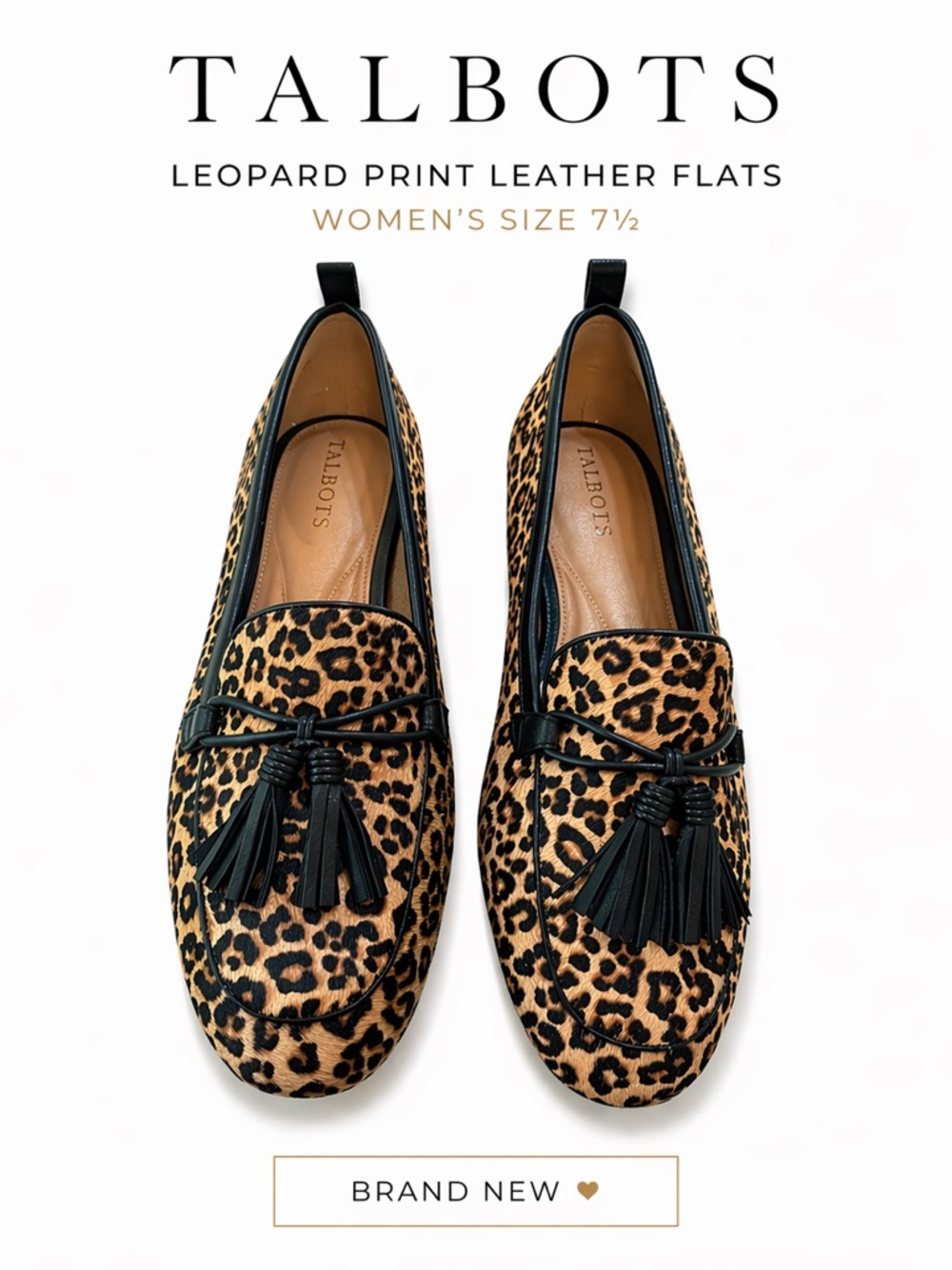 Talbots Leopard Print Leather Flats Women 7.5 Tassel Loafers Driving Shoes